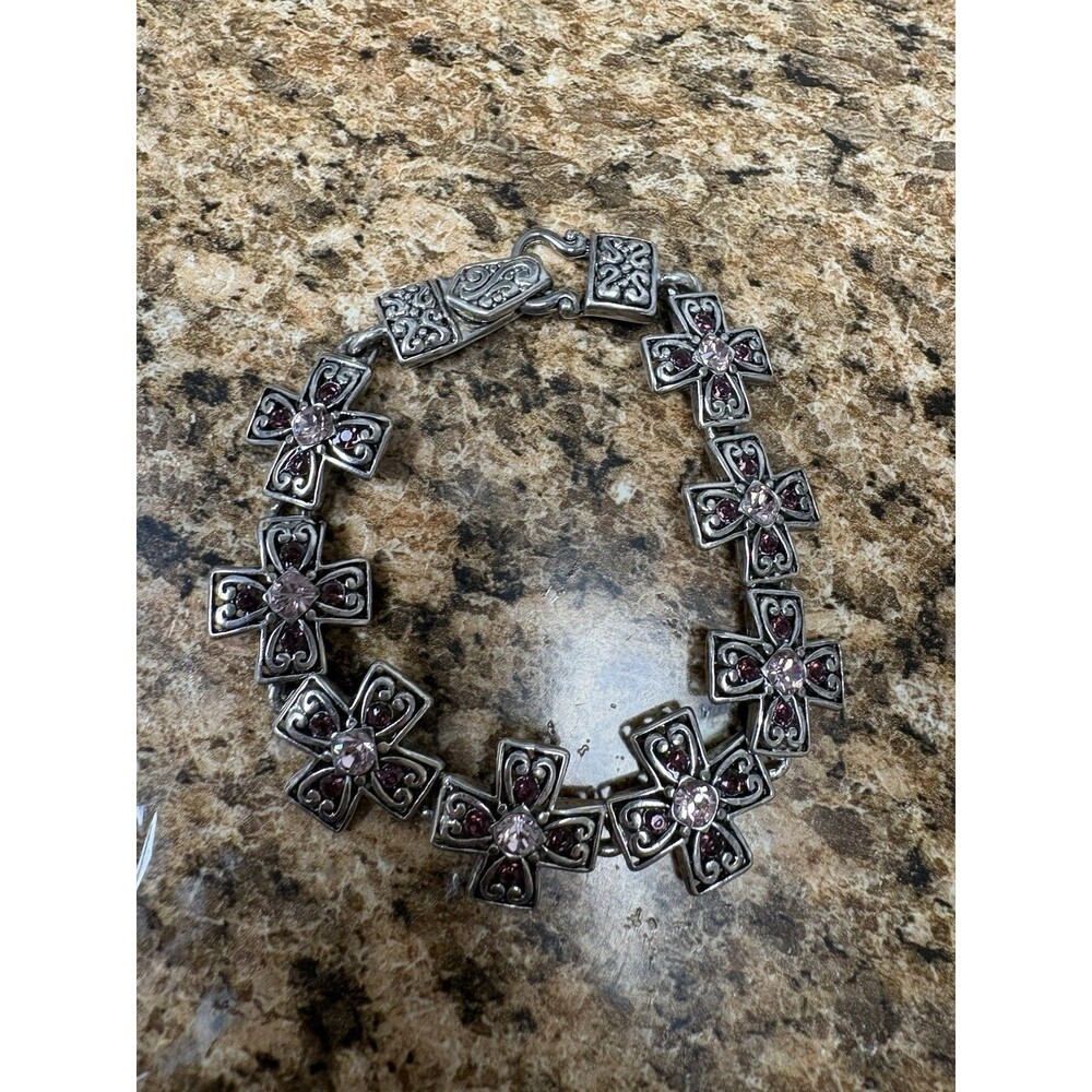 Vintage Cross Link Bracelet Pink Rhinestone Antiqued Silver Gothic Filigree 7”